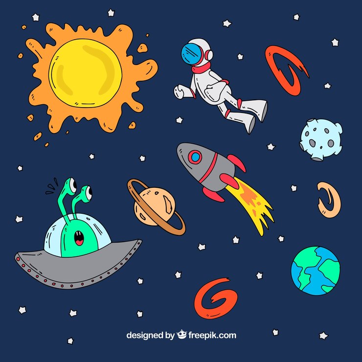 Gratis Vector achtergrond van handgetekende ruimte-elementen en astronaut