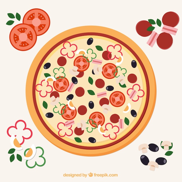 Gratis vector achtergrond van heerlijke pizza met ingrediënten