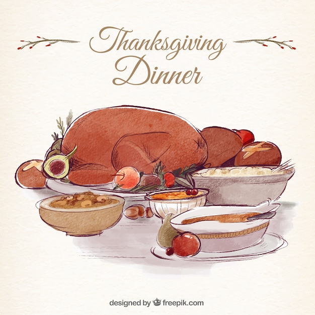 Achtergrond van heerlijke Thanksgiving diner met kalkoen in aquarel effect