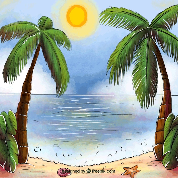 Gratis vector achtergrond van het paradijs landschap met palmbomen