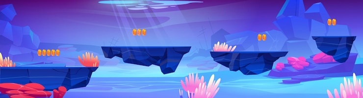 Gratis Vector achtergrond van het spelniveau met platforms onder water in zee. vector 2d-interface van arcadespel met cartoonillustratie van oceaanbodemlandschap met zeeplanten en gebroken gezonken schepen