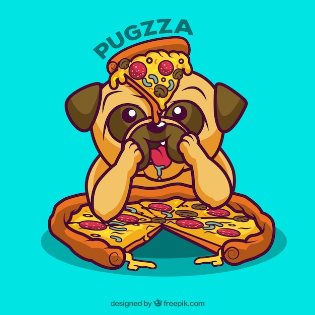 Achtergrond van leuke hond eten pizza
