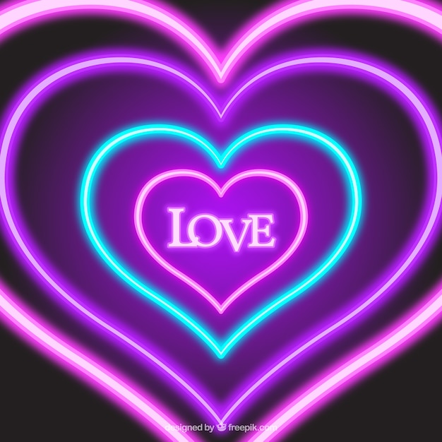 Gratis vector achtergrond van neon harten met het woord liefde