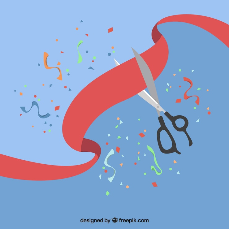 Gratis Vector achtergrond van openingsschaar die een rood lint snijdt