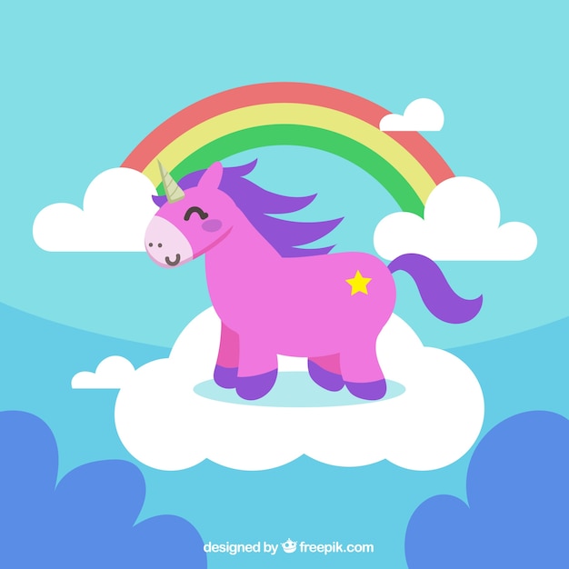 Gratis vector achtergrond van regenbogen en wolken met roze eenhoorn