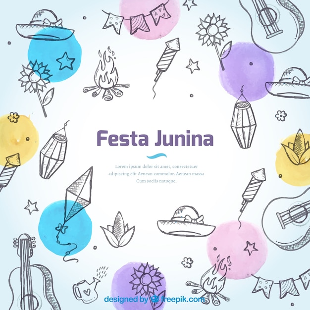 Achtergrond van schetsen van junina party elementen en kleurrijke cirkels