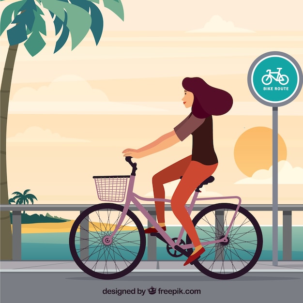 Gratis vector achtergrond van vrouw die met de fiets loopt