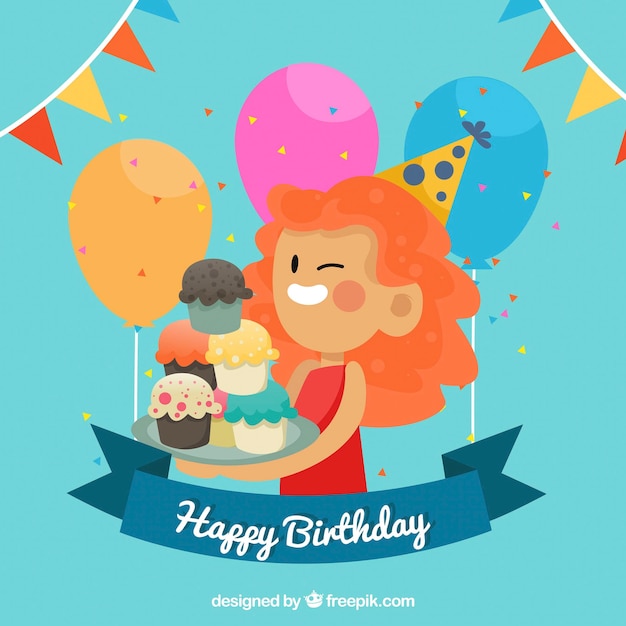 Gratis vector achtergrond van vrouw met cupcakes en verjaardag ballonnen
