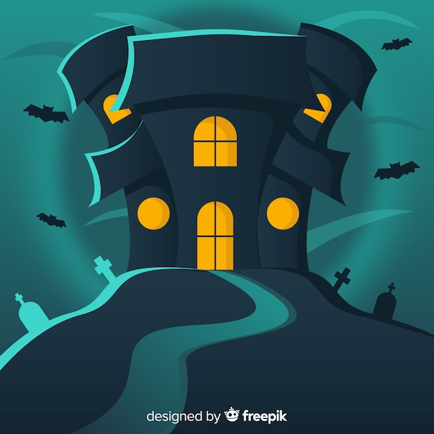 Gratis vector achtervolgd halloween-huis met knuppels en begraafplaatsachtergrond in vlak ontwerp