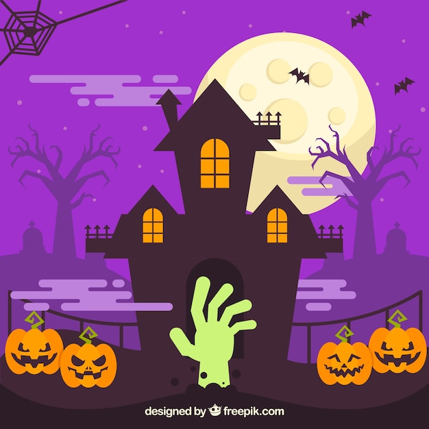 Gratis vector achtervolgde huisachtergrond met pompoenen en zombiehand