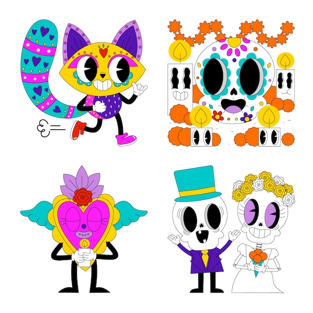 Gratis vector acid dia de muertos-stickerscollectie