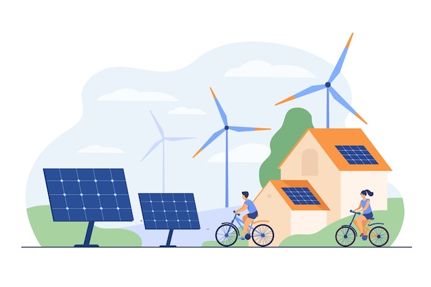 Gratis vector actieve mensen op fietsen, windmolens en huis met zonnepaneel op platte illustratie op het dak.
