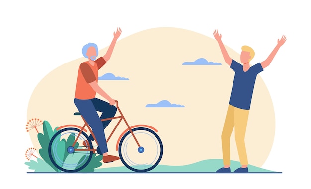 Gratis vector actieve senior en jonge mannen buiten bijeen. rijdende fiets, vader en zoon platte vectorillustratie. levensstijl, relatie, activiteitenconcept