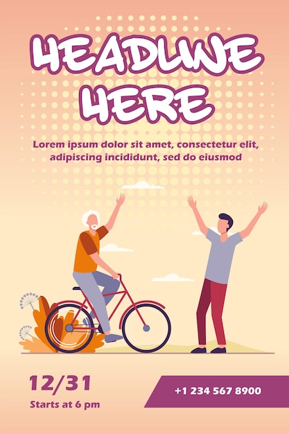 Gratis vector actieve senior en jonge mannen ontmoeten buiten flyer-sjabloon