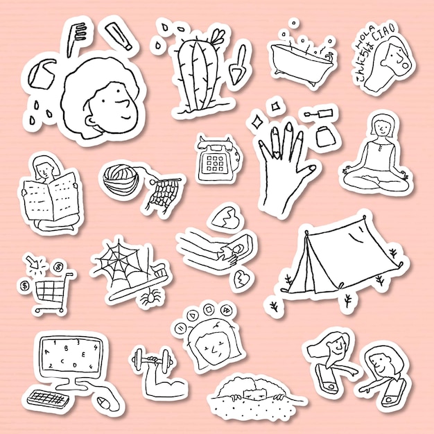 Activiteiten thuis doodle stijl sticker set