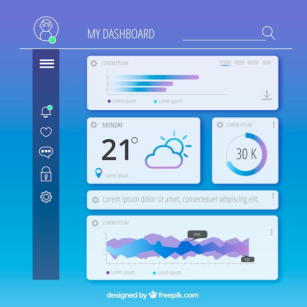 Gratis vector admin dashboardsjabloon met plat ontwerp