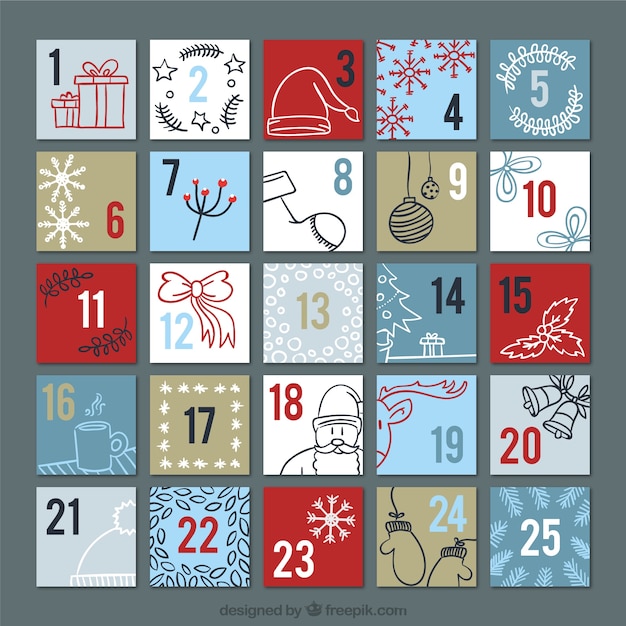 Gratis vector advent kalender met decoratieve kerst schetsen
