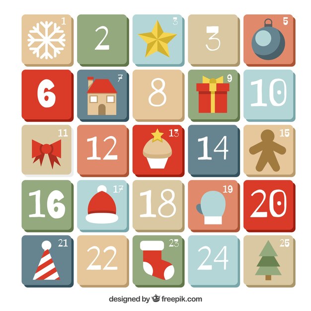 Adventskalender met Kerst elementen in plat design