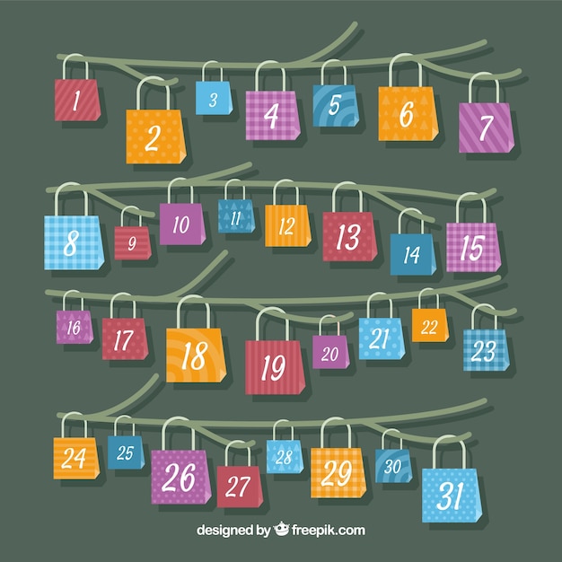 Gratis vector adventskalender met kleurrijke zakken