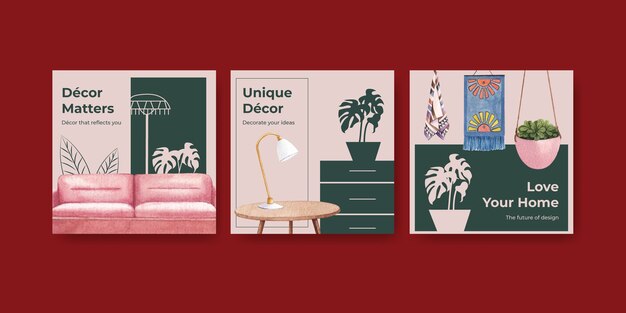 Gratis vector adverteer sjabloon set met luxe meubels in aquarel stijl