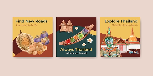 Adverteer sjabloon voor spandoek ingesteld met reizen naar thailand voor marketing in aquarel stijl