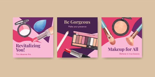 Advertentiesjabloon met make-up conceptontwerp voor marketing en zakelijke aquarel.