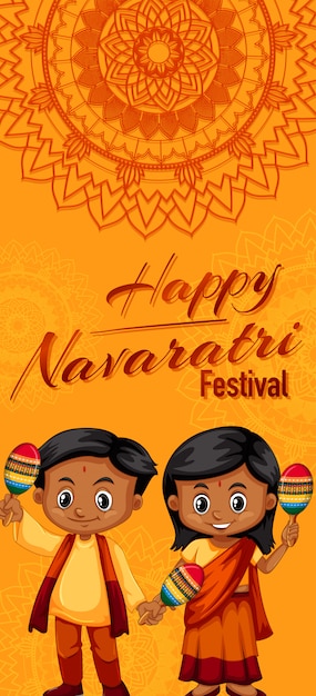 Affiche voor navaratri met twee kinderen die maracas schudden