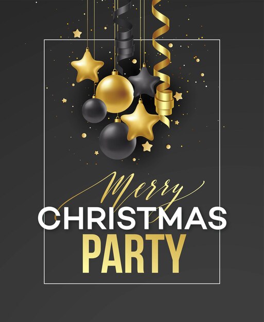 Affiche Vrolijk kerstfeest. Premium kalligrafie belettering met gouden ornament decoratie van gouden bal op luxe zwarte achtergrond. Vector illustratie eps10