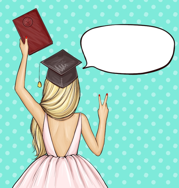 Gratis Vector afgestudeerd meisje in afstuderen cap met diploma