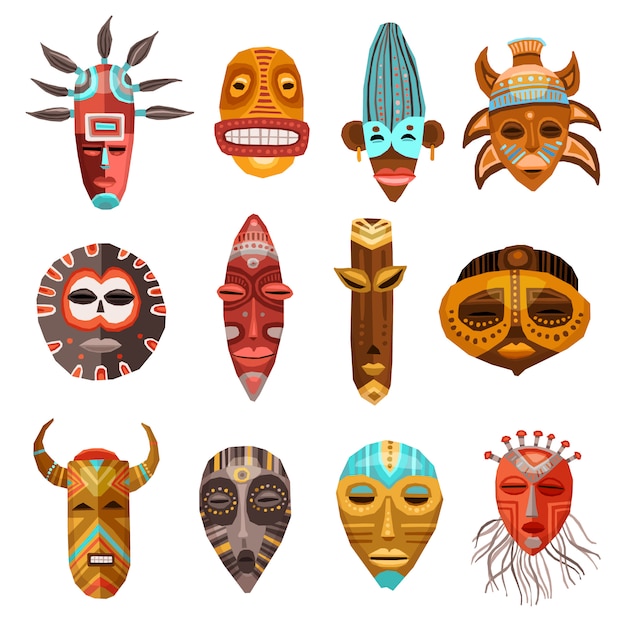 Gratis vector afrikaanse etnische tribale maskers instellen