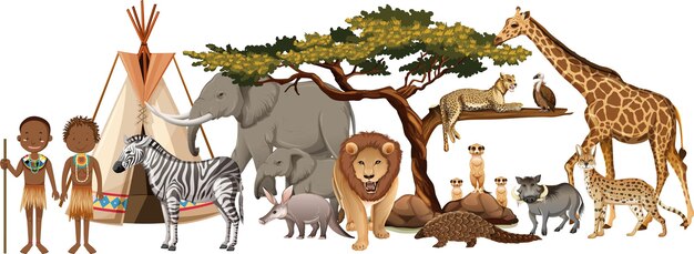 Afrikaanse stam met groep wilde Afrikaanse dieren op witte achtergrond