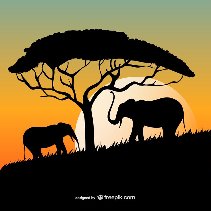Gratis Vector afrikaanse zonsondergang met olifanten en boomsilhouetten