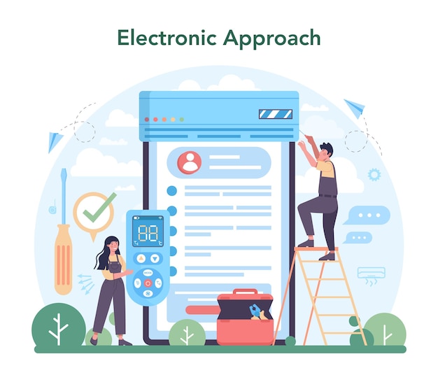 Aircoservice online service of platform Reparateur die conditioner installeert en repareert Online elektronische benadering Vectorillustratie