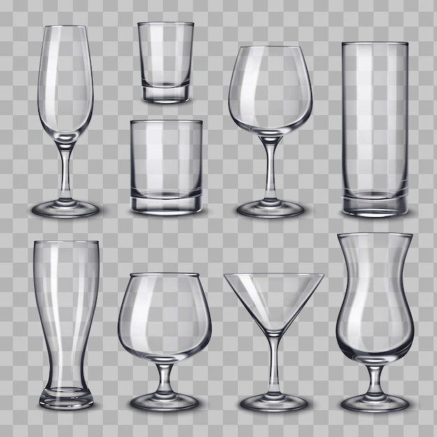 Gratis vector alcohol drinkt glaswerk realistische set met geïsoleerde lege glazen van verschillende klassieke vormen op transparante vectorillustratie als achtergrond