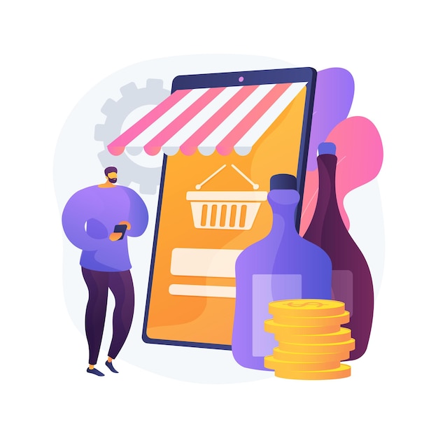 Alcohol E-commerce abstract concept vectorillustratie. Online kruidenierswinkel, alcoholmarkt, direct-to-consumer online wijn, slijterij, contactloze levering, thuisblijven abstracte metafoor.
