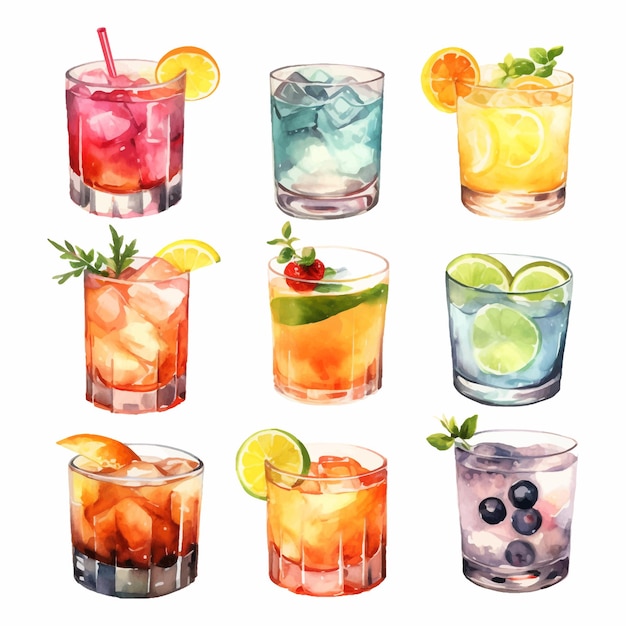 Alcoholcocktailcollectie Waterverfillustratie Dranken clipart