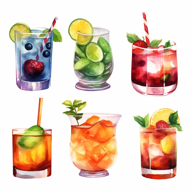 Gratis vector alcoholcocktailcollectie waterverfillustratie dranken clipart