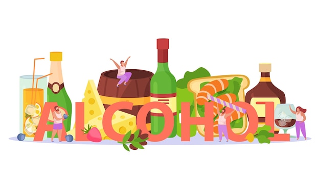 Gratis vector alcoholische cocktails drankjes feest aperitief snacks hapjes titel header platte compositie met kaas garnalen rum