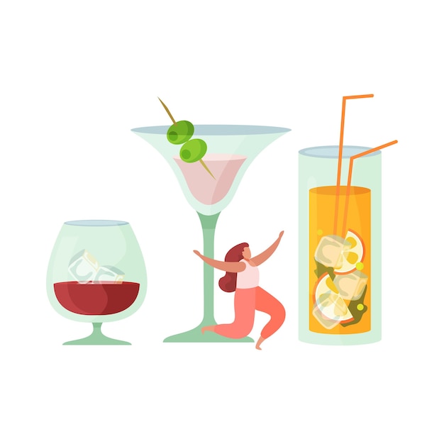 Alcoholische dranken cocktails platte samenstelling met glazen alcoholische dranken met gelukkige vrouw