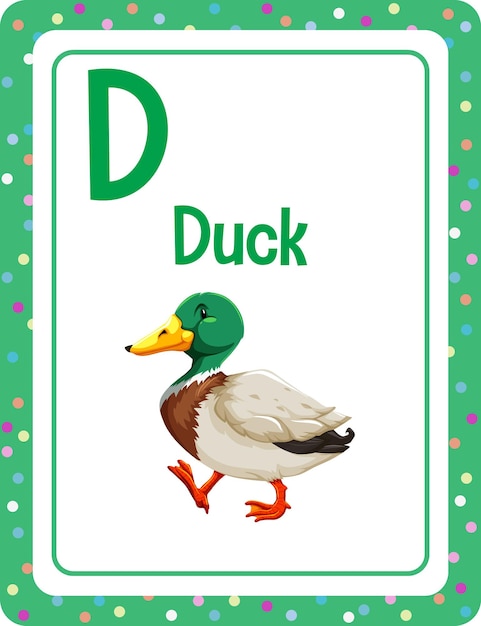 Gratis vector alfabet flashcard met letter d voor duck