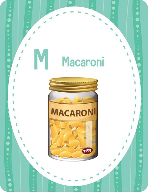 Gratis vector alfabet flashcard met letter m voor macaroni