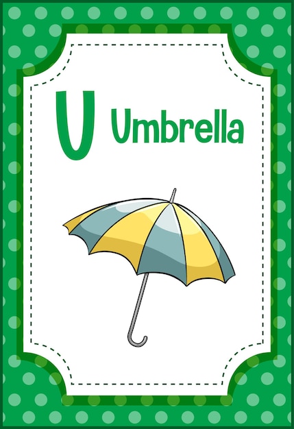 Alfabet flashcard met letter u voor paraplu