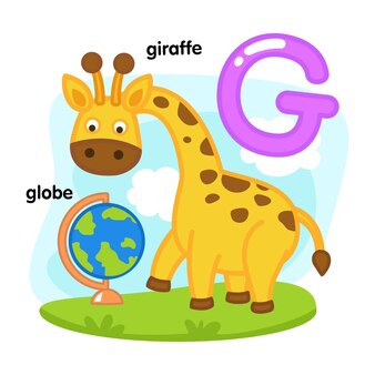 Alfabet geïsoleerde letter g-giraffe-globe illustratie, vector