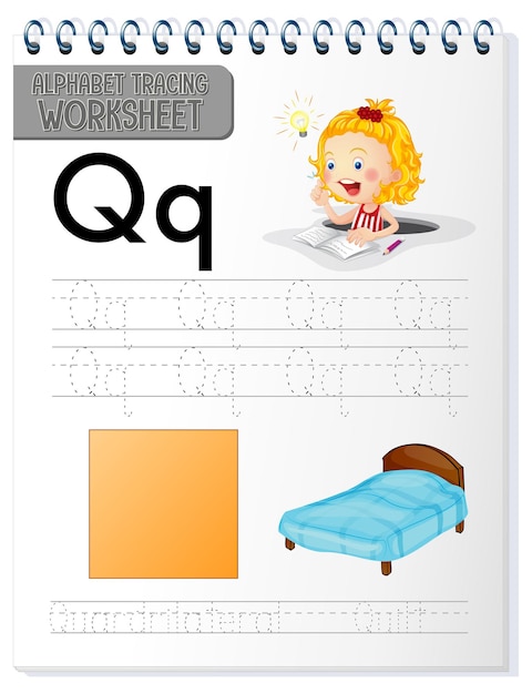 Gratis vector alfabet overtrekken werkblad met letter q en q