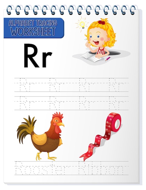 Alfabet overtrekwerkblad met de letter r en r