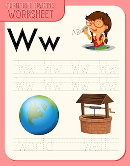 Alfabet overtrekwerkblad met de letter w en w.