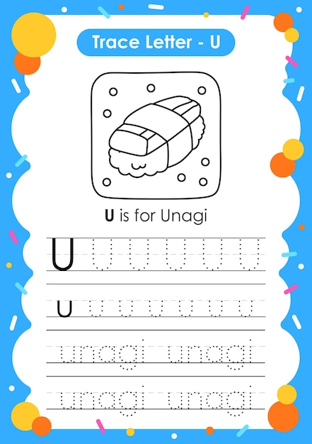 Alfabet trace letter a tot z voorschoolse werkblad met woord unagi Premium Vector