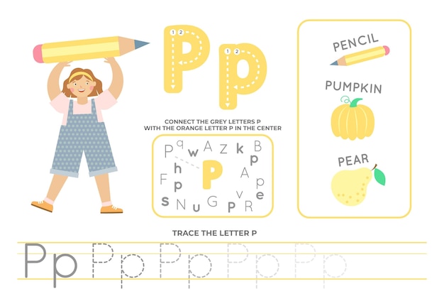 Gratis vector alfabetisch werkblad met letter p