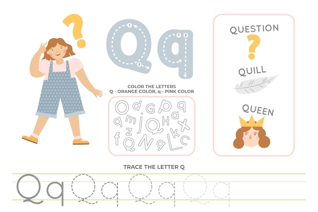 Gratis vector alfabetisch werkblad met letter q