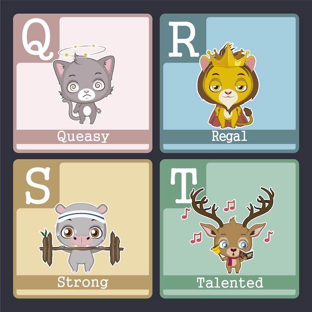 Gratis vector alfabetkaart met dierenontwerp van q tot r
